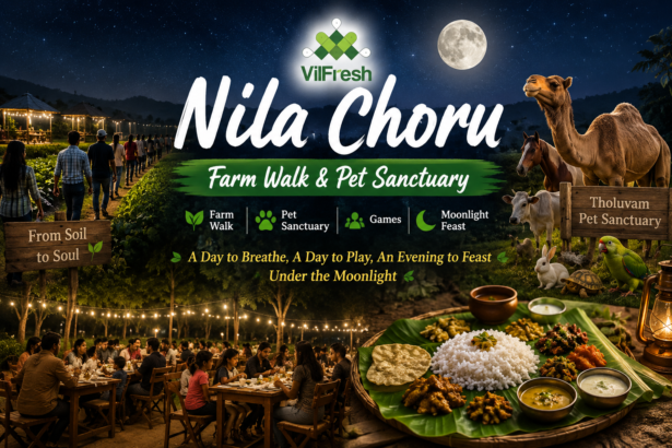 Families enjoying VilFresh Nila Choru Coimbatore with farm walk, pet sanctuary experience and moonlight organic dinner