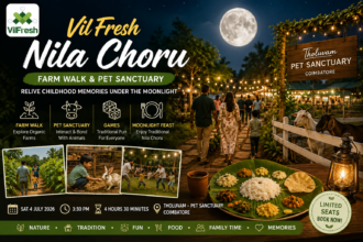 Families enjoying the VilFresh Nila Choru event featuring a farm walk, pet sanctuary, games, and traditional moonlight dining in Coimbatore.