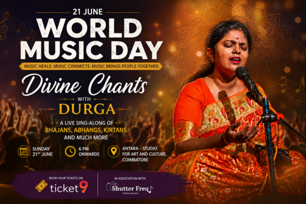 World Music Day Coimbatore celebration featuring Divine Chants with Durga performing bhajans, abhangs, and kirtans at Antara Studio for Art and Culture