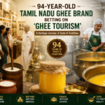 Visitors observing traditional ghee preparation at a heritage dairy facility in Tamil Nadu as part of a unique food tourism experience.