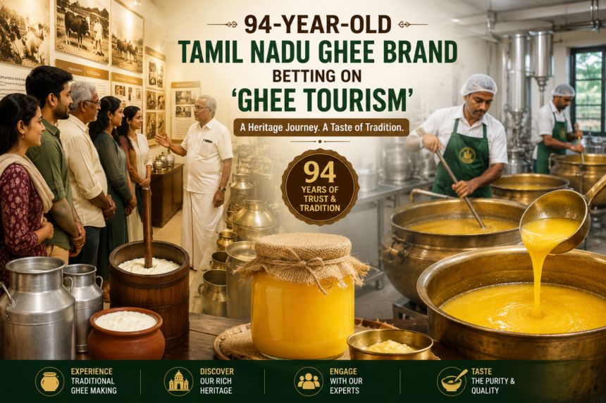 Visitors observing traditional ghee preparation at a heritage dairy facility in Tamil Nadu as part of a unique food tourism experience.