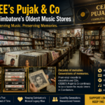 Inside CEDEE's Pujak & Co, one of Coimbatore's oldest music stores featuring vinyl records, cassettes, CDs, and music memorabilia.