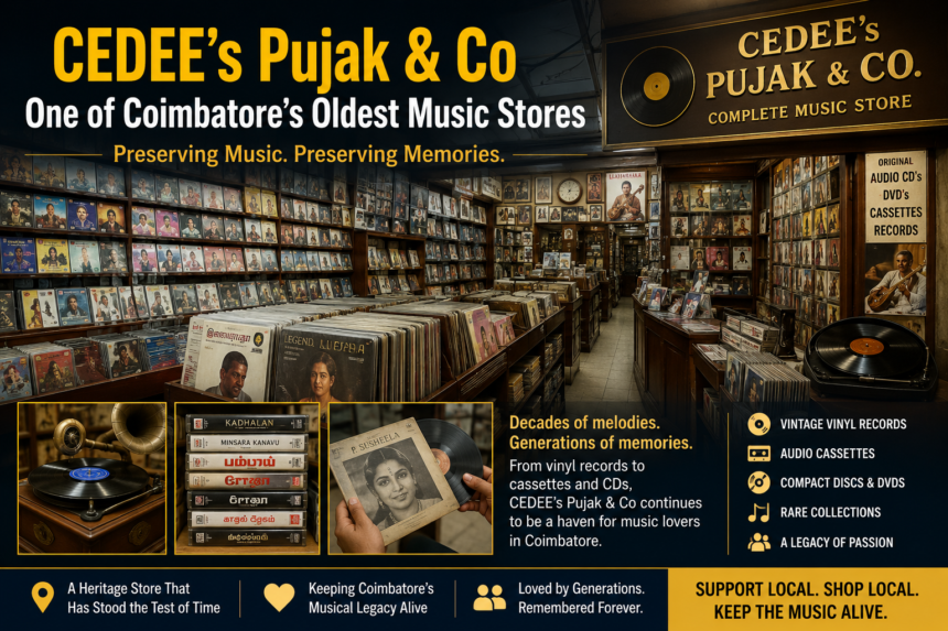 Inside CEDEE's Pujak & Co, one of Coimbatore's oldest music stores featuring vinyl records, cassettes, CDs, and music memorabilia.