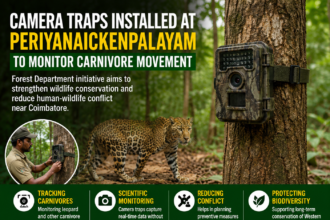 Forest officials installing camera traps in the Periyanaickenpalayam forest area near Coimbatore to monitor carnivore movement.