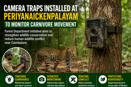 Forest officials installing camera traps in the Periyanaickenpalayam forest area near Coimbatore to monitor carnivore movement.