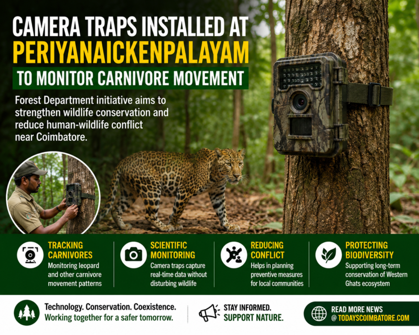 Forest officials installing camera traps in the Periyanaickenpalayam forest area near Coimbatore to monitor carnivore movement.