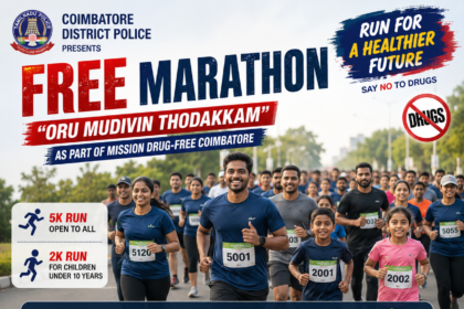 Participants running in a community marathon organised by Coimbatore District Police under the Mission Drug-Free Coimbatore initiative.