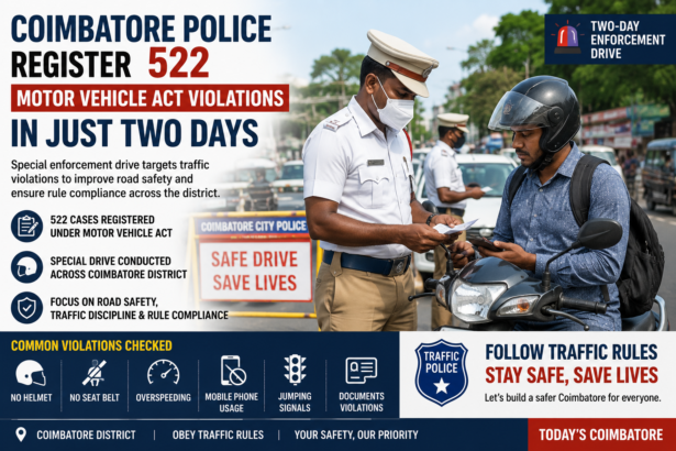 Traffic police checking vehicles during a special enforcement drive in Coimbatore to identify Motor Vehicle Act violations.