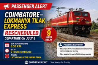 Southern Railway has revised the departure timing of the Coimbatore–Lokmanya Tilak Express due to the delayed arrival of the pairing train.