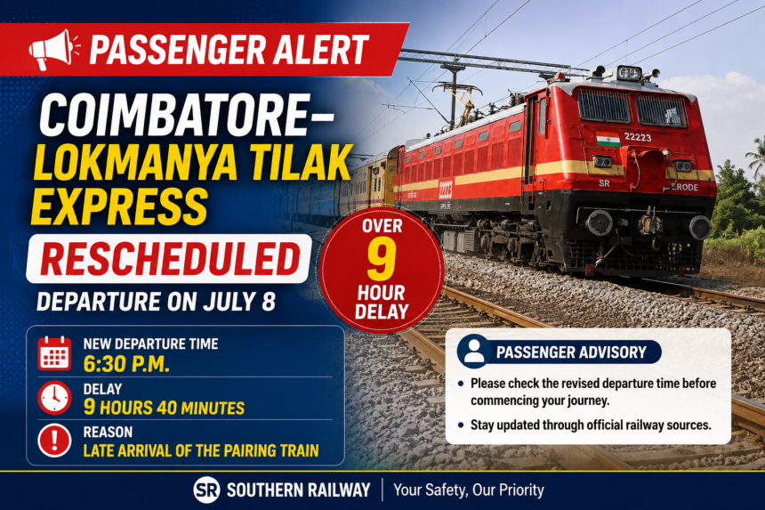 Southern Railway has revised the departure timing of the Coimbatore–Lokmanya Tilak Express due to the delayed arrival of the pairing train.