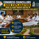 Coimbatore Corporation council meeting discussing the Semmozhi Poonga project and alleged irregularities.