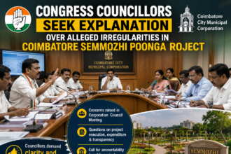 Coimbatore Corporation council meeting discussing the Semmozhi Poonga project and alleged irregularities.