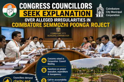 Coimbatore Corporation council meeting discussing the Semmozhi Poonga project and alleged irregularities.