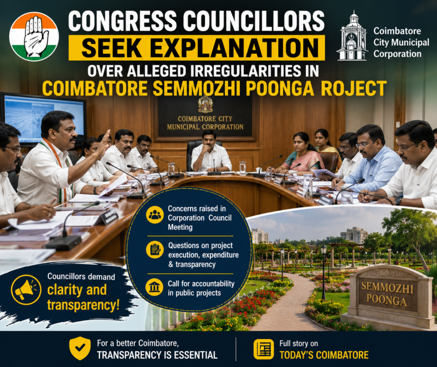 Coimbatore Corporation council meeting discussing the Semmozhi Poonga project and alleged irregularities.