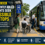 Wheelchair users and visually impaired pedestrians at a Coimbatore bus stop highlighting the need for accessible public transport infrastructure.