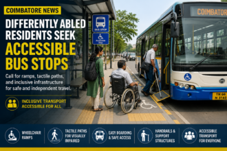 Wheelchair users and visually impaired pedestrians at a Coimbatore bus stop highlighting the need for accessible public transport infrastructure.