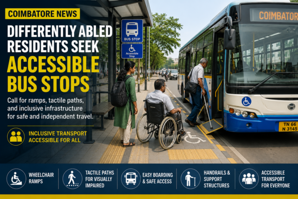 Wheelchair users and visually impaired pedestrians at a Coimbatore bus stop highlighting the need for accessible public transport infrastructure.