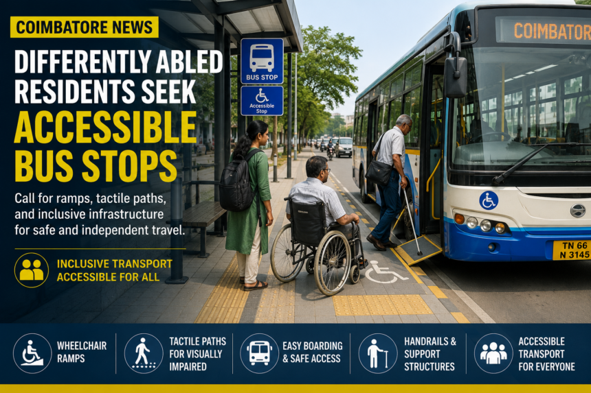 Wheelchair users and visually impaired pedestrians at a Coimbatore bus stop highlighting the need for accessible public transport infrastructure.