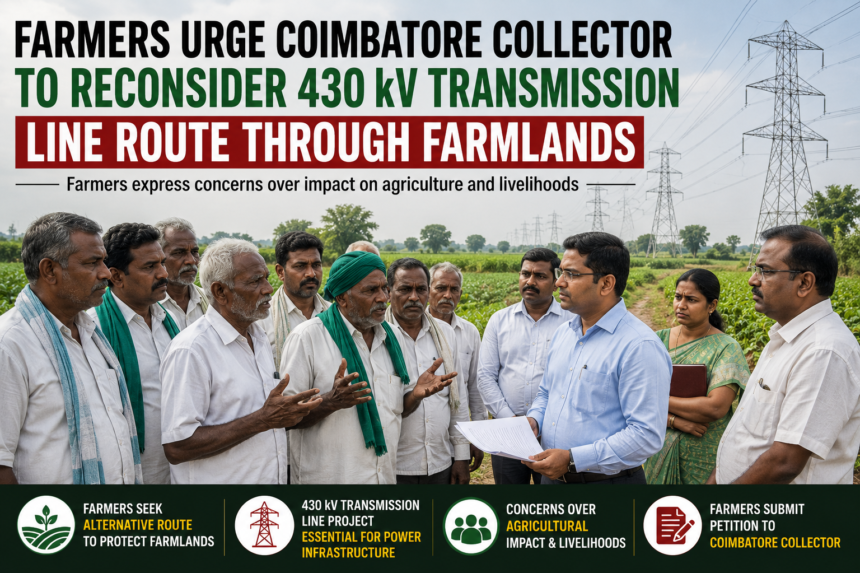 Farmers meeting the Coimbatore Collector to request a change in the proposed 430 kV power transmission line route through agricultural lands.