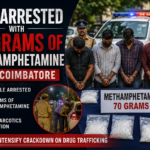 Police officers displaying seized methamphetamine after arresting five suspects near Coimbatore during an anti-drug operation.
