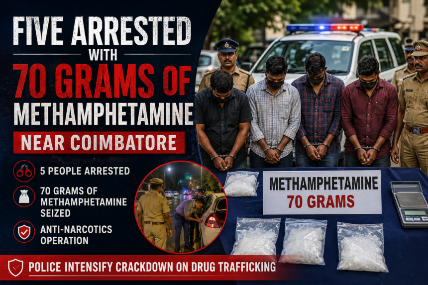 Police officers displaying seized methamphetamine after arresting five suspects near Coimbatore during an anti-drug operation.