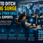 Professionals working with artificial intelligence and cybersecurity technologies in a Global Capability Centre office environment.