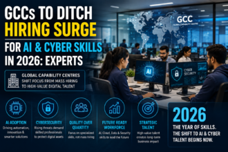 Professionals working with artificial intelligence and cybersecurity technologies in a Global Capability Centre office environment.