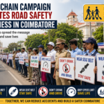 Participants forming a human chain in Coimbatore to spread awareness about road safety and responsible driving.