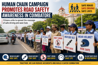 Participants forming a human chain in Coimbatore to spread awareness about road safety and responsible driving.