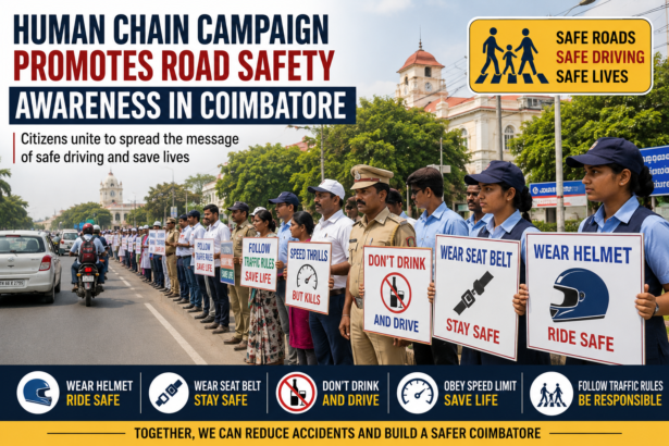 Participants forming a human chain in Coimbatore to spread awareness about road safety and responsible driving.