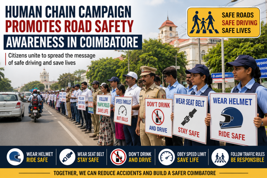 Participants forming a human chain in Coimbatore to spread awareness about road safety and responsible driving.