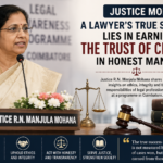 Justice Mohana addressing lawyers and law students during a legal event in Coimbatore, emphasizing honesty and client trust in the legal profession.
