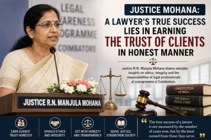 Justice Mohana addressing lawyers and law students during a legal event in Coimbatore, emphasizing honesty and client trust in the legal profession.