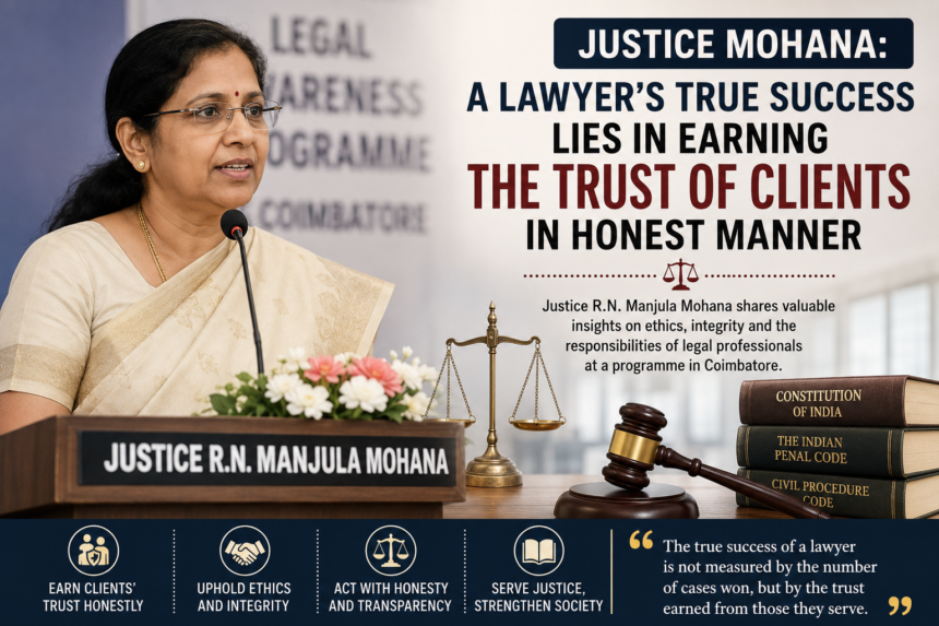 Justice Mohana addressing lawyers and law students during a legal event in Coimbatore, emphasizing honesty and client trust in the legal profession.