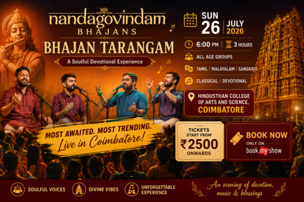 Poster of Nandagovindam Bhajans – Bhajan Tarangam devotional music concert scheduled in Coimbatore.