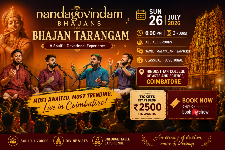 Poster of Nandagovindam Bhajans – Bhajan Tarangam devotional music concert scheduled in Coimbatore.
