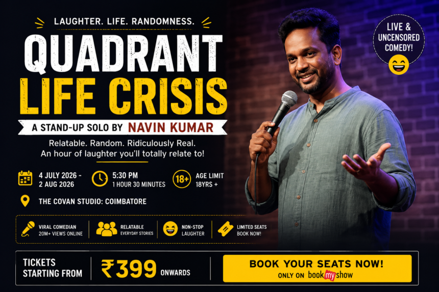 Navin Kumar performing his Quadrant Life Crisis stand-up comedy show in Coimbatore.