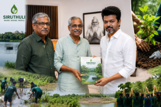 Siruthuli Chairman and Managing Trustee meeting Tamilaga Vettri Kazhagam president Vijay to discuss environmental and community initiatives.