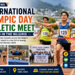 School students competing in athletic events during the International Olympic Day celebration in the Nilgiris.
