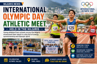 School students competing in athletic events during the International Olympic Day celebration in the Nilgiris.