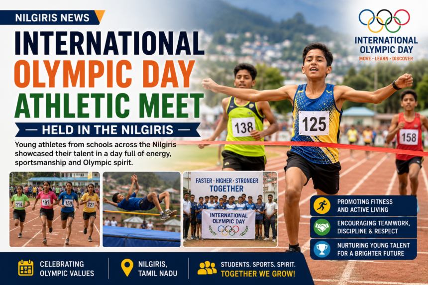 School students competing in athletic events during the International Olympic Day celebration in the Nilgiris.