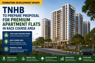 A conceptual illustration of modern apartment buildings proposed by the Tamil Nadu Housing Board in Coimbatore's Race Course area.