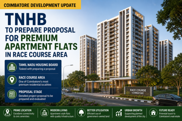 A conceptual illustration of modern apartment buildings proposed by the Tamil Nadu Housing Board in Coimbatore's Race Course area.