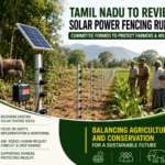 Forest officials inspecting a solar-powered fence installed around agricultural land near a forest boundary in Tamil Nadu.