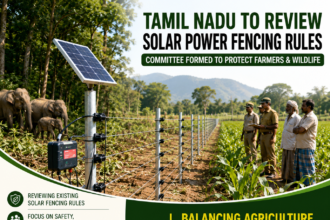 Forest officials inspecting a solar-powered fence installed around agricultural land near a forest boundary in Tamil Nadu.