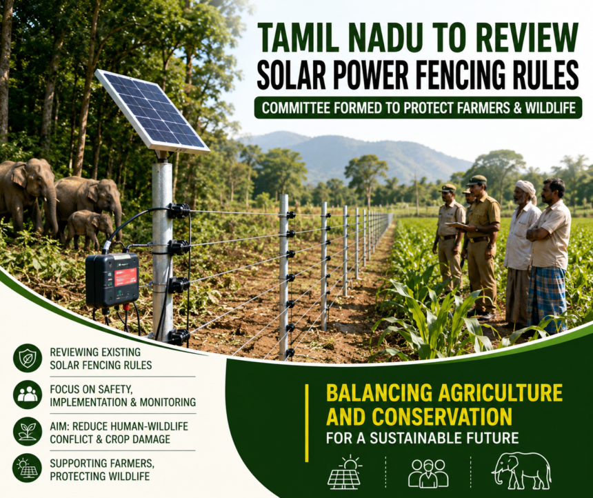 Forest officials inspecting a solar-powered fence installed around agricultural land near a forest boundary in Tamil Nadu.