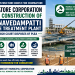 A realistic news-style illustration of a modern sewage treatment plant under construction in Chinnavedampatti, Coimbatore, featuring treatment tanks, pipelines, construction equipment, and workers, symbolizing the city's investment in environmental infrastructure.