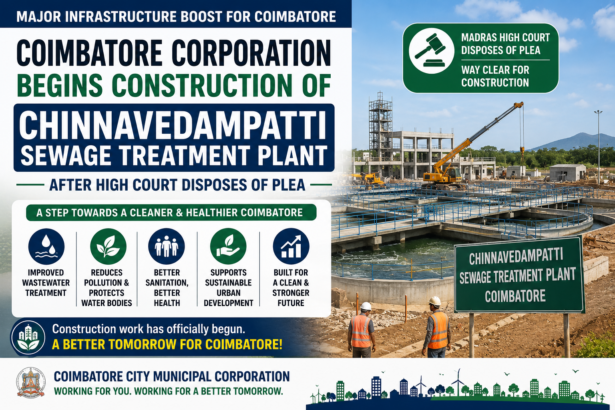 A realistic news-style illustration of a modern sewage treatment plant under construction in Chinnavedampatti, Coimbatore, featuring treatment tanks, pipelines, construction equipment, and workers, symbolizing the city's investment in environmental infrastructure.