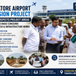 Coimbatore District Collector inspecting the airport expansion area alongside officials while interacting with landowners regarding road access concerns.