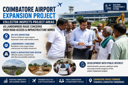 Coimbatore District Collector inspecting the airport expansion area alongside officials while interacting with landowners regarding road access concerns.